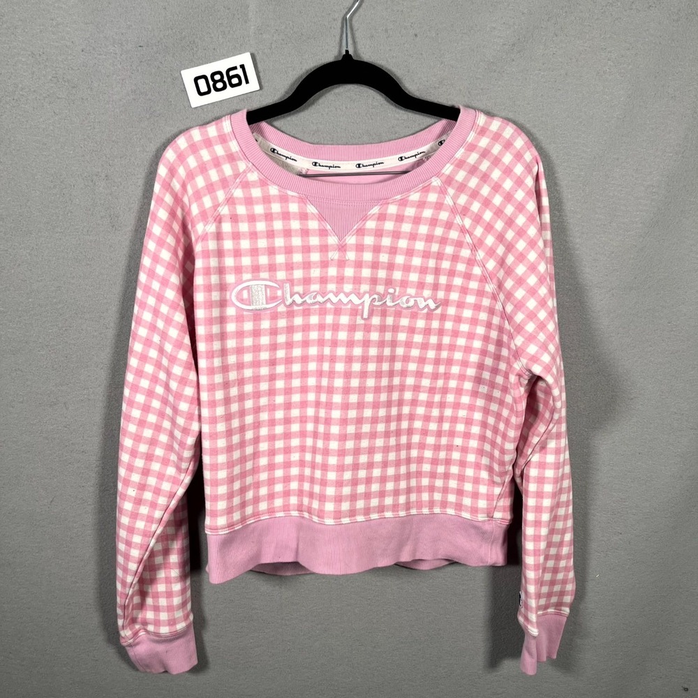 Champion Cropped Sweatshirt Womens White Pink Check Gingham‎ Logo Raglan Sleeve